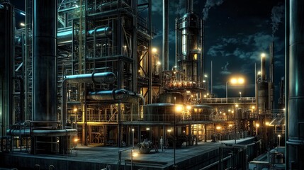 A large industrial plant with many pipes and lights