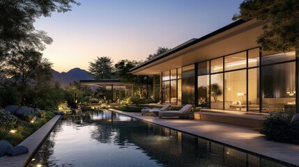 Obraz premium A luxury home featuring large glass windows, a tranquil garden, and a chic modern pool, bathed in warm evening light with a distant mountain range under the setting sun.