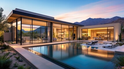 Obraz premium A luxury home featuring large glass windows, a tranquil garden, and a chic modern pool, bathed in warm evening light with a distant mountain range under the setting sun.