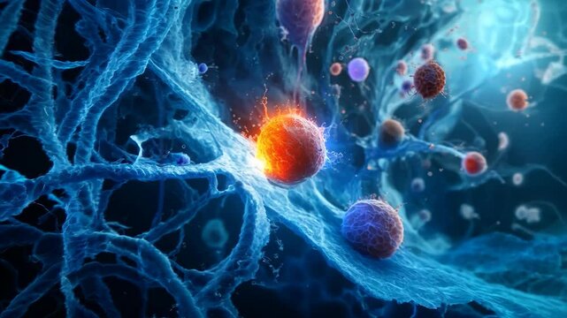 Unseen threat: a microscopic look at cancer cells, revealing detailed formation and chaotic behavior, offering insight into their relentless progression and challenges they present in medical science.