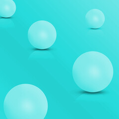 Five white spheres, balls or orbs in studio. 3D vector objects with dropped shadow on turquoise background. Presentation mock up for your product. Interior 3d render.