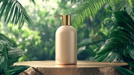 A bottle of lotion sits on a wooden table in a lush green forest