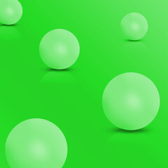 Five white spheres, balls or orbs in studio. 3D vector objects with dropped shadow on green background. Presentation mock up for your product. Interior 3d render.