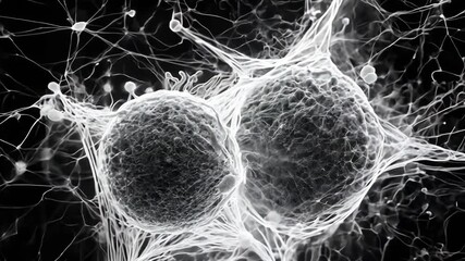 Unseen threat: a microscopic look at cancer cells, revealing detailed formation and chaotic behavior, offering insight into their relentless progression and challenges they present in medical science.