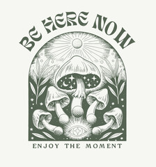 .Retro 70's psychedelic hippie mushroom illustration print with groovy slogan for man - woman graphic tee t shirt or sticker poster - Vector
