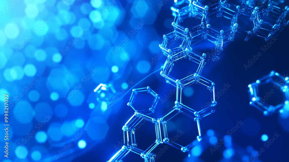 Poster a close-up view of molecular structures illuminated by blue light with a glowing abstract background