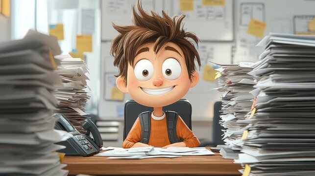 A boy is sitting at a desk with a pile of papers in front of him