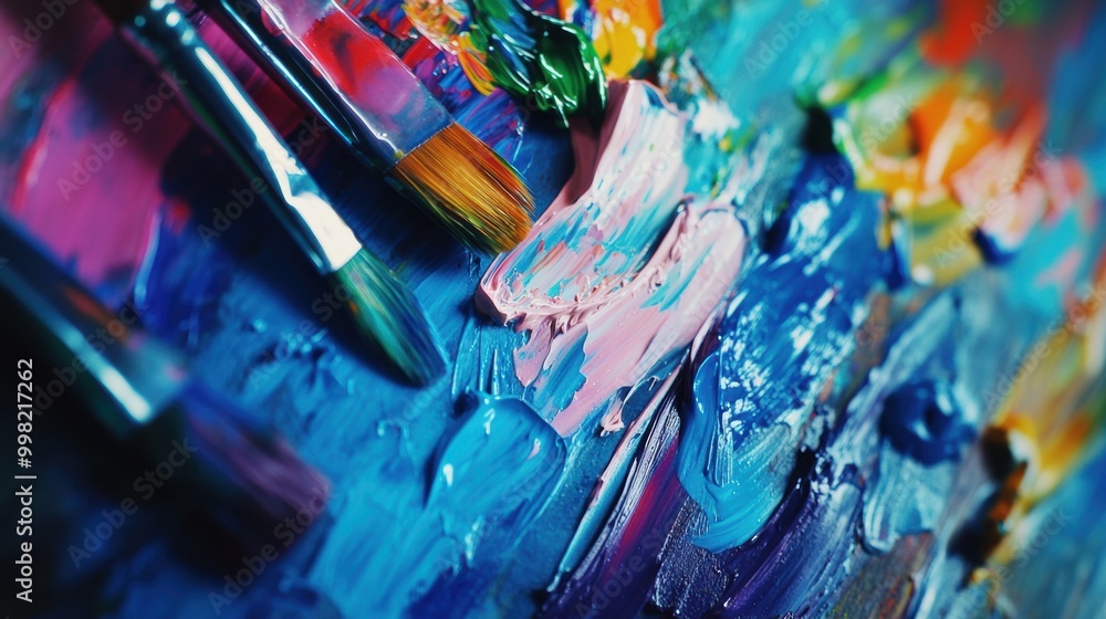 Poster a bright array of paint splashes sits on a palette, with paintbrushes positioned on a canvas, displa