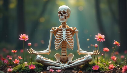 A skeleton sits cross-legged among colorful flowers in a serene forest, embodying tranquility and the cycle of life and death.