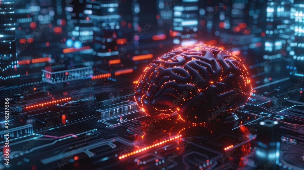Poster A brain is glowing red and is on a computer chip