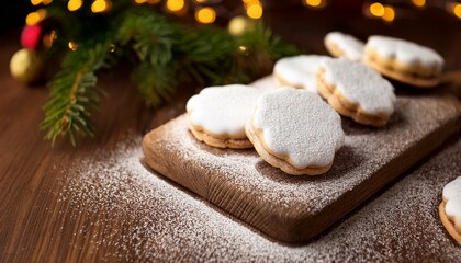 Christmas cookies in a festive setting, on wooden table