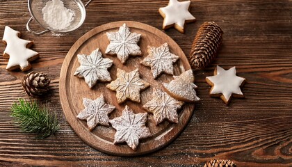 Christmas cookies in a festive setting, on wooden table