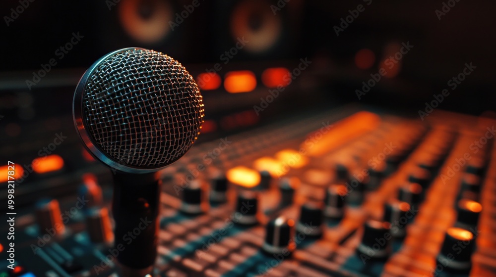 Poster a microphone is on a sound board with a lot of knobs and buttons