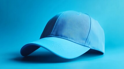 Fototapeta premium A light blue baseball cap on a blue background.