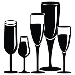 Set Of Drinks Glass And Champagne Glasses Black And White Silhouette Vector Illustration
