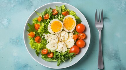 Fresh Salad with Eggs and Cherry Tomatoes on Plate