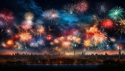 Obraz premium Spectacular fireworks illuminate the city skyline during a festive celebration at night
