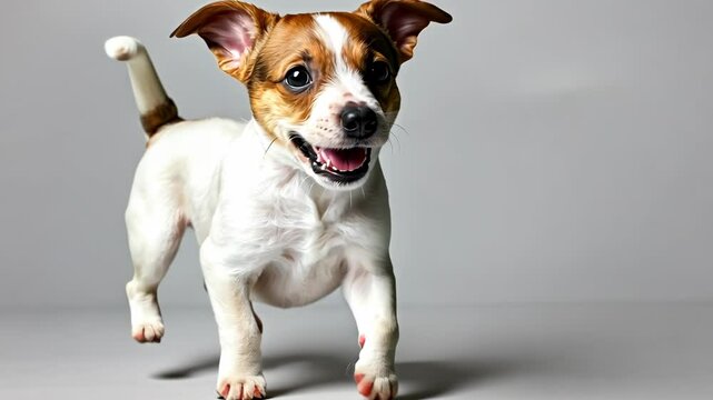 A small, white and brown dog with a happy expression runs towards the camera