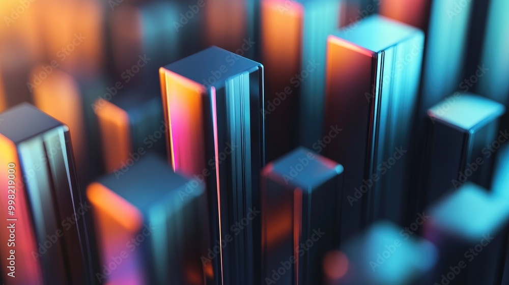 Poster a close-up of a 3d bar chart displaying financial data with metallic bars, showcasing different metr