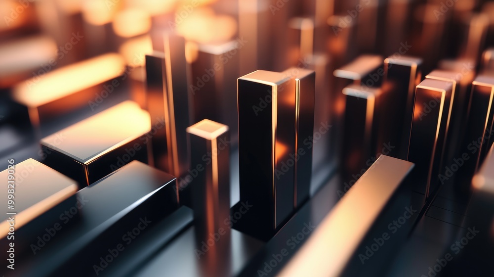 Poster a close-up of a 3d bar chart displaying financial data with metallic bars, showcasing different metr