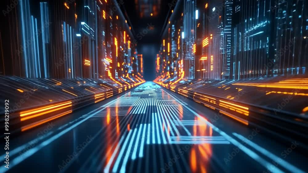 Poster a unique tunnel filled with vibrant blue and orange lights stretches into the distance, creating a h