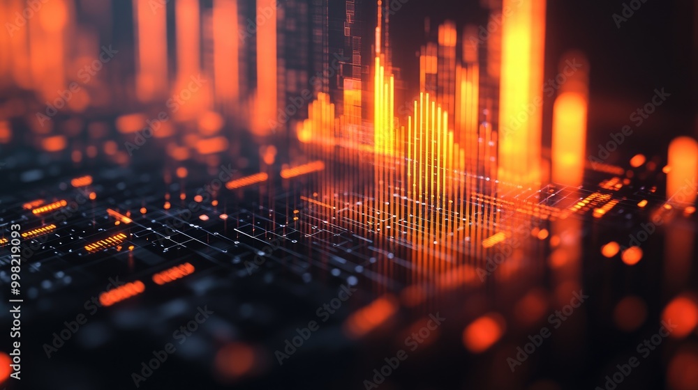 Poster a close-up of a 3d financial graph with light reflections and shadows, illustrating the depth and co