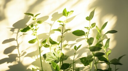 Obraz premium Green Plant Stems With Leaves Cast Shadows on White Wall
