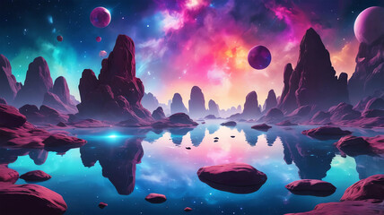 floating rocks amidst a vibrant nebula
