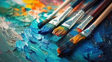 Obraz premium Bright splashes of color sit on a palette, while brushes rest beside bold strokes on a canvas, capturing artistic creativity. Generative AI