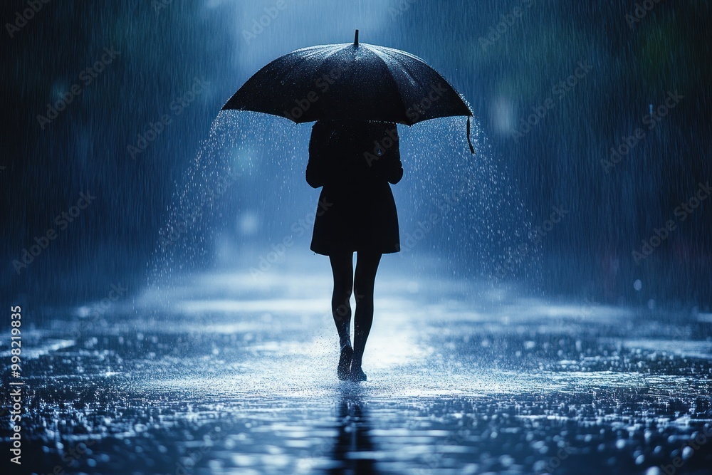 Poster A woman walks alone in the rain, a silhouette against a dark city street, illuminated by streetlights.