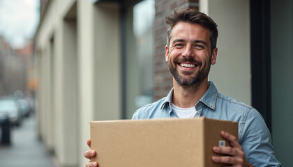 Young European man courier holding cardboard box and smiling at camera, shipping and logistics concept, home delivery concept, delivery man  