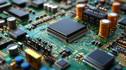 Close-Up of Advanced Circuit Board with Microchip and Electronic Components