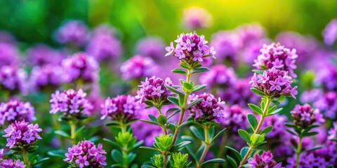 Obraz premium Thyme flowers bloom beautifully in a garden, showcasing delicate purple blossoms amidst lush green leaves, creating a serene and vibrant natural setting.