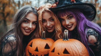 Fototapeta premium Halloween Celebrations with Witches and Pumpkins in an Autumn Forest Setting