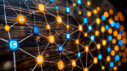 Digital Network with Glowing Connection Points and Data Icons