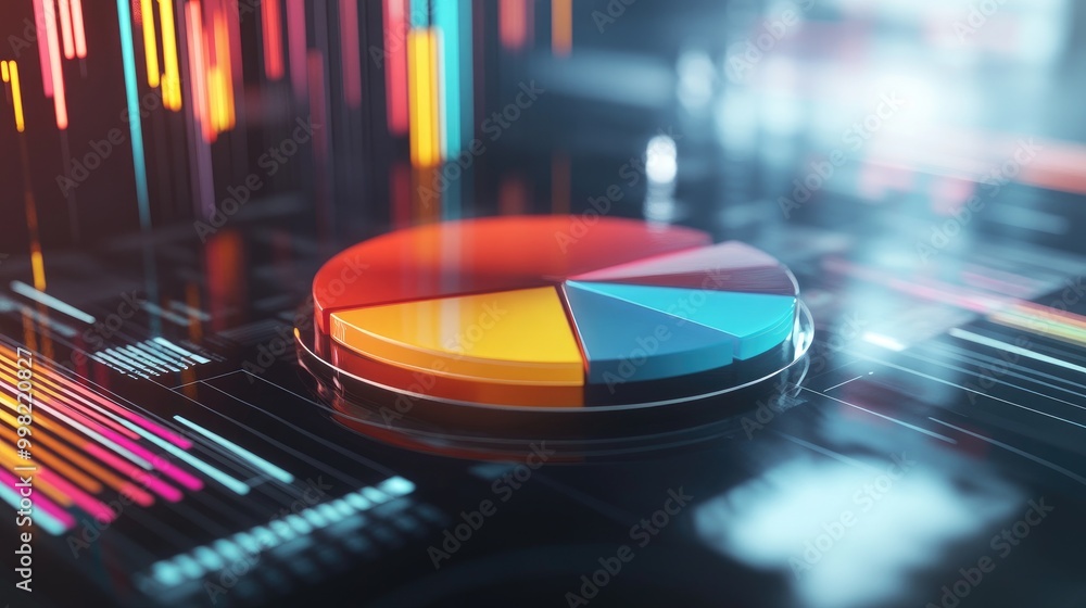 Poster a close-up of a sleek 3d pie chart with colorful segments floating above a futuristic interface, rep