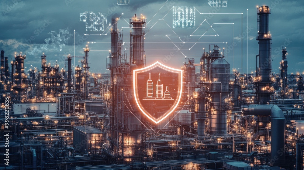 Poster a secure industrial factory complex with a shield representing protection and energy security in cri