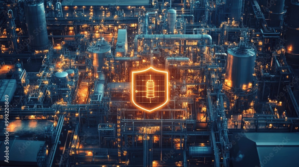 Poster a secure industrial factory complex with a shield representing protection and energy security in cri