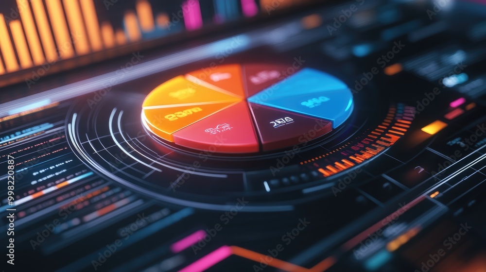 Poster a close-up of a sleek 3d pie chart with colorful segments floating above a futuristic interface, rep