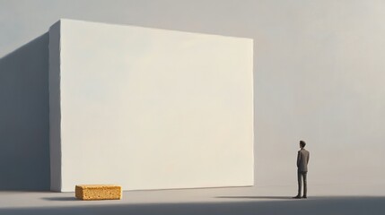 Obraz premium A Man Gazes at a Large White Wall with a Single Small Object in Front of It