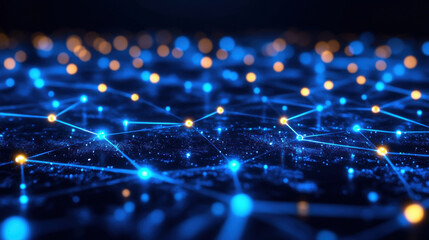 Futuristic Digital Network with Glowing Blue and Yellow Nodes