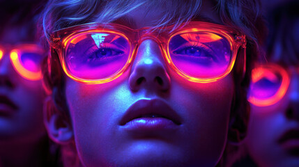 Futuristic Neon Glasses with Vibrant Purple and Orange Glow