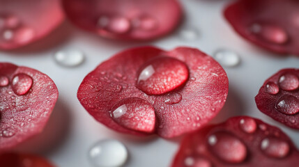 Red Flower Petals with Water Droplets on White Background
