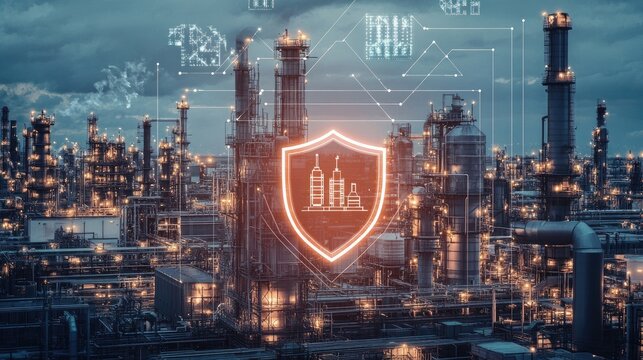 A secure industrial factory complex with a shield representing protection and energy security in critical infrastructure.