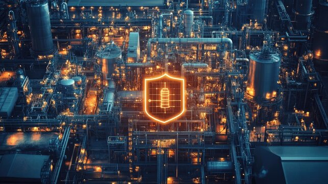 A secure industrial factory complex with a shield representing protection and energy security in critical infrastructure.