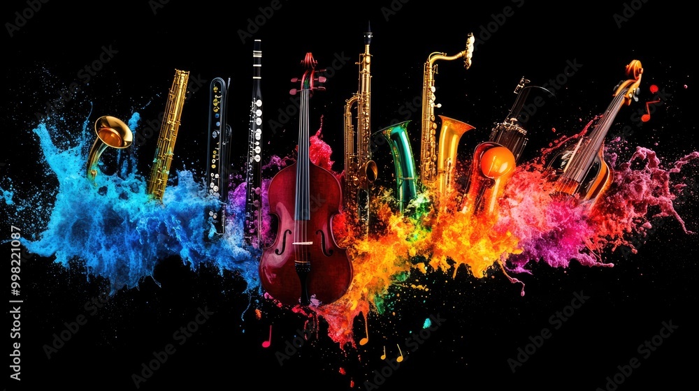Poster a set of musical instruments creating a colorful splash on a black background, isolated and dynamic,