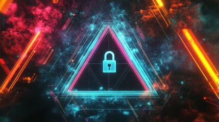 Digital lock symbol on a colorful triangular network