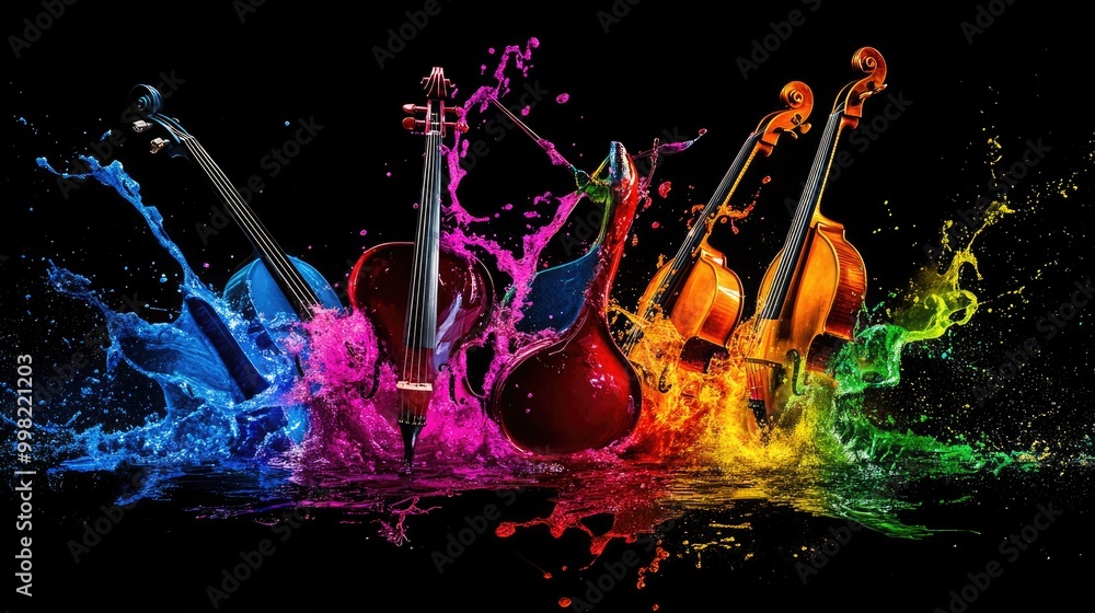 Poster a set of musical instruments creating a colorful splash on a black background, isolated and dynamic,