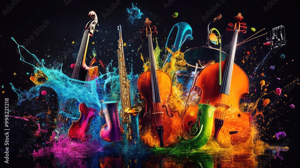 Poster a set of musical instruments creating a colorful splash on a black background, isolated and dynamic,