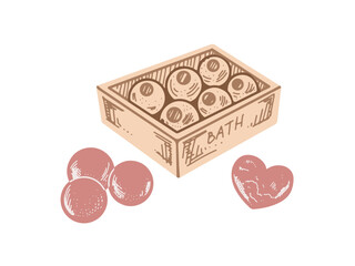 Hand-drawn box with round bathroom bombs, heart shaped bath bomb. beauty cosmetic element, self care. Illustration for beauty salon, cosmetic store, makeup design. Flat style  style.